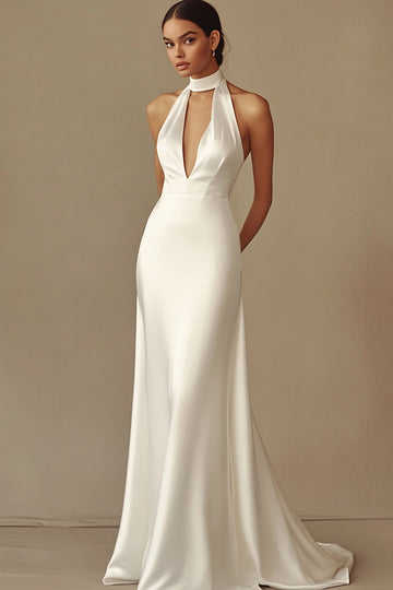 Mermaid Halter Satin White Wedding Dress